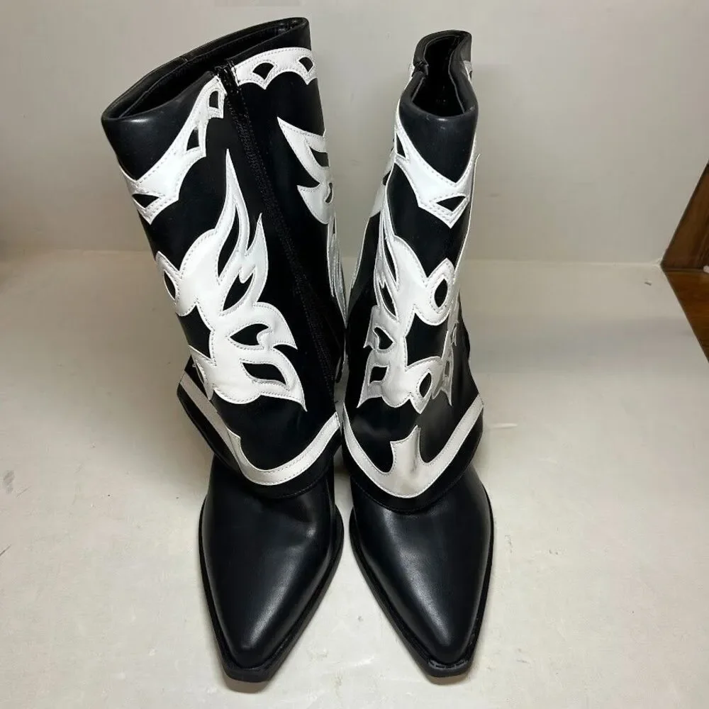 INC Womens 7.5 M Black White Smooth Jadiza Western High Heel Boots DISPLAY QJ9